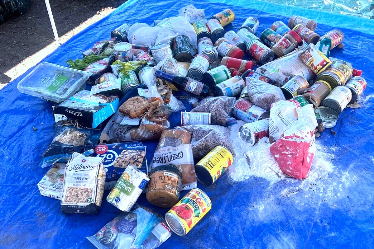 a tarp on an outdoor table filled with unopened canned goods, bags of food, pasta, flour and other food that was found in the trash