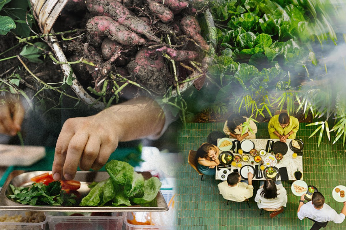 a photo collage of hands cutting vegetables and people sitting around a big table eating