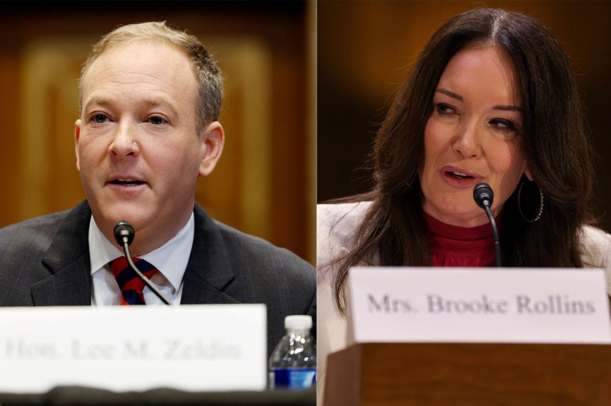 A man speaks behind a podium, while a woman on the right with a name placard saying Brooke Rollins speaks into a microphone in a separate photo as part of a photo collage