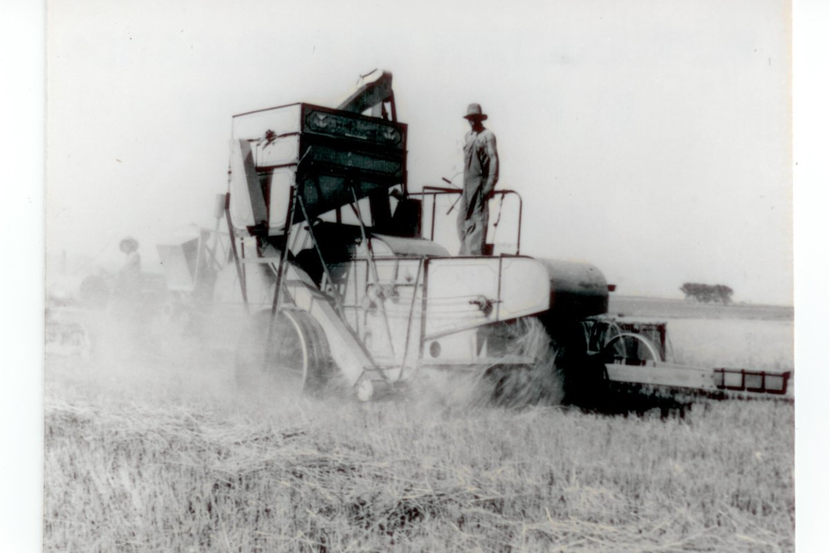 black and white image of a historic Black farm in Nicodemus, Kansas, with a main standing on a platform next to a machine