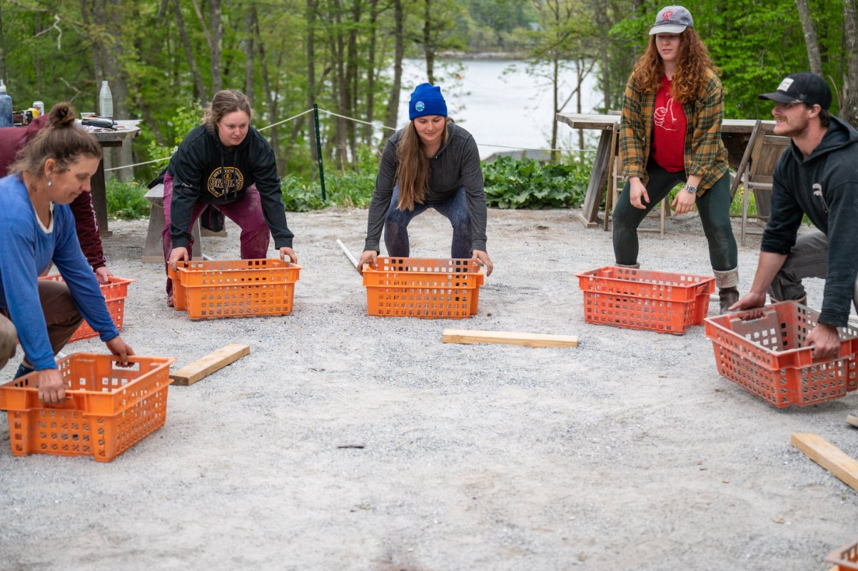 A group of farmers practice lifting up heaving crates