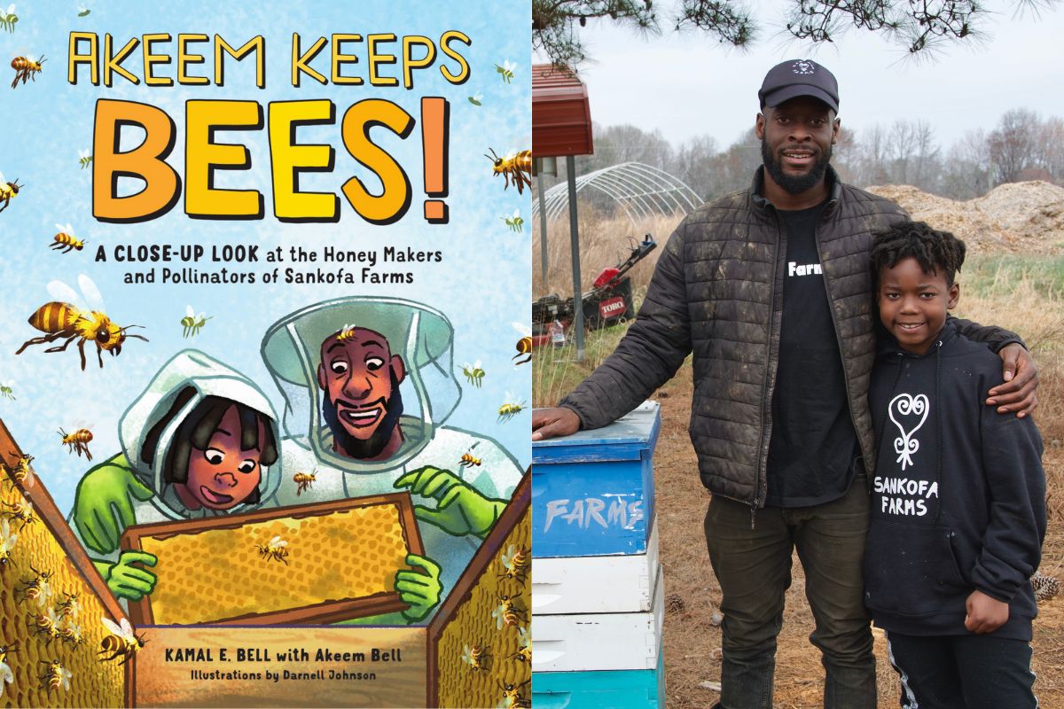 On the left side of a collage is the book cover of Akeem Keeps Bees, with an African American boy holding up a bee frame while his dad and him look at bees wearing bee suits. On the right is an image of the son and dad on the farm