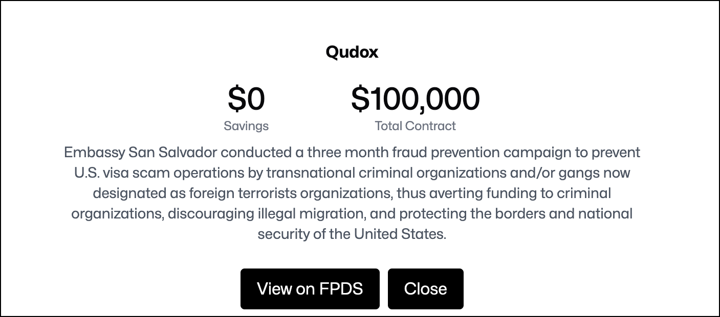 A screenshot of DOGE’s record of the State Department contract the group says it cancelled, which was to fight H-2A fraud.