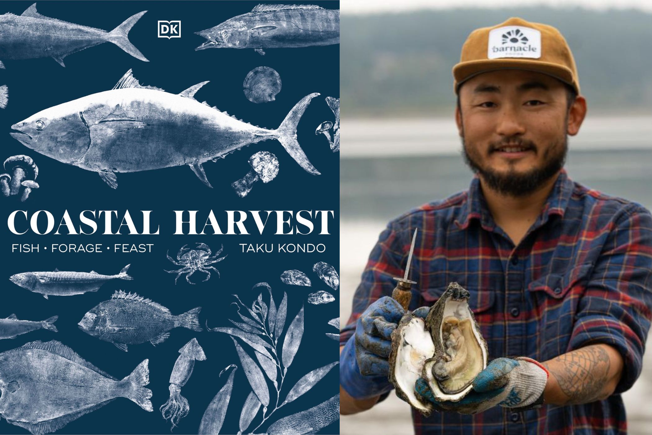 A book cover that is blue with drawings of tuna and other fish and the title, 