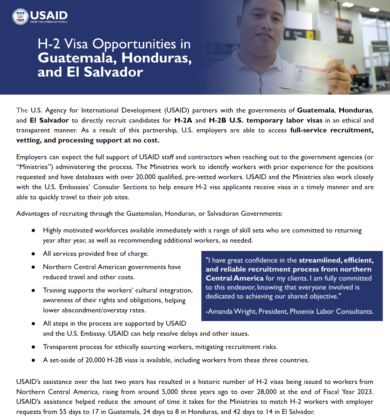 A screenshot of a USAID fact sheet summarizing the work they were doing to improve H-2A and H-2B recruitment in El Salvador, Honduras, and Guatemala.