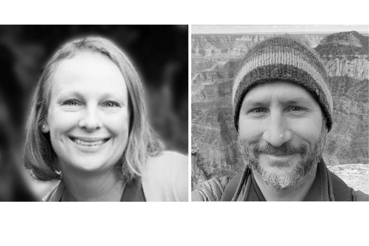 A woman with blond hair smiles for camera in a collage. A photo of a man wearing a beanie next to her. Both photos are in black and white.