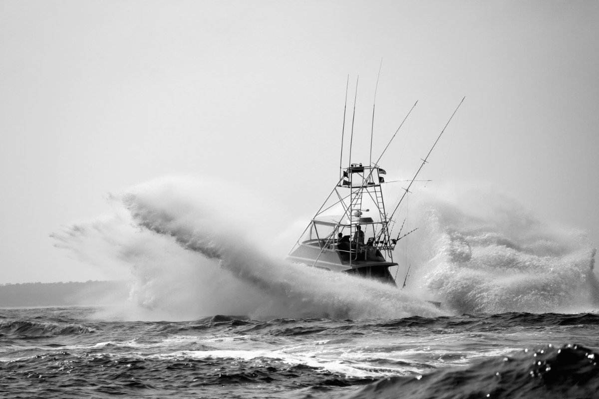 Million dollar luxury fishing boat crashing through the ocean off the coast of South Carolina.