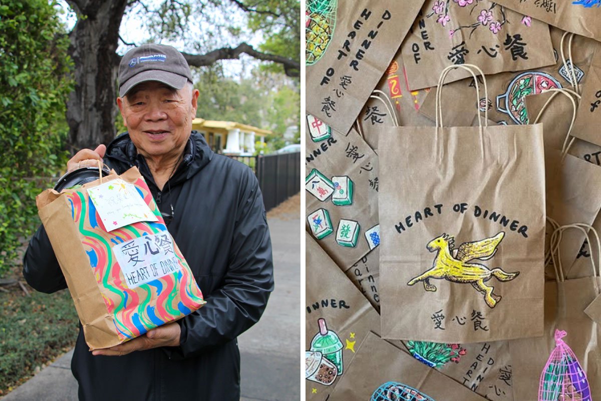 Left, an elder in Los Angeles receives a Heart of Dinner care package. (Photo credit: Rebecca Ip). Right: Heart of Dinner bags are decorated with uplifting imagery and words of encouragement and hope.